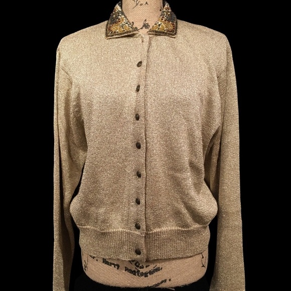 VALERIE STEVENS Metallic GOLD/BEADED Button-Front EVENING CARDIGAN, Size L - Picture 1 of 10